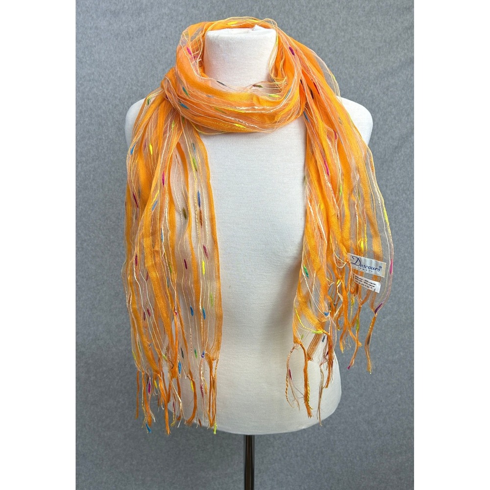 Descours Paris Scarf‎ Orange Rainbow Stripe Silk Blend Striped Fringe 70" Long